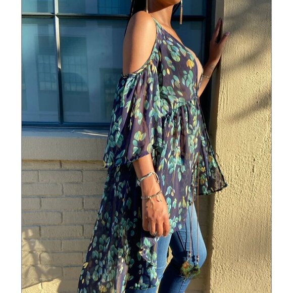 Blu Heaven Duster Cardigan Large Blue Floral Open-Shoulder Boho Garden Fairy NEW - Picture 1 of 10